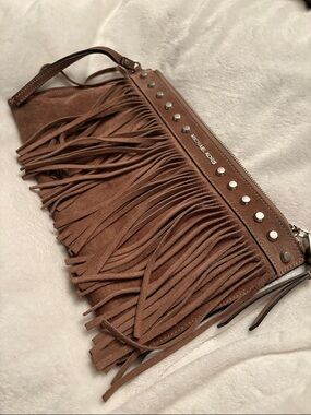 Michael Kors Brown Suede Fringe Wristlet Clutch with Stud Trim